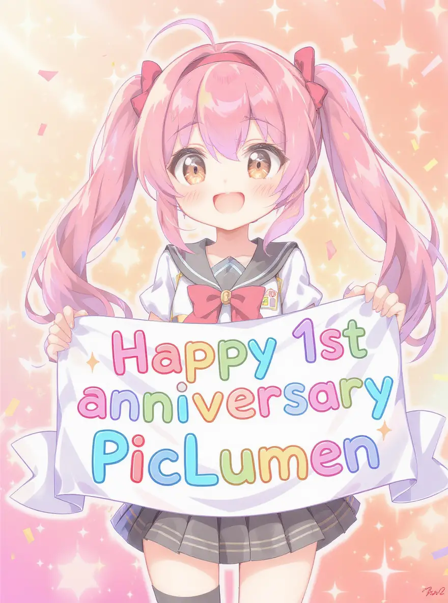 Cute anime girl holding colorful anniversary banner