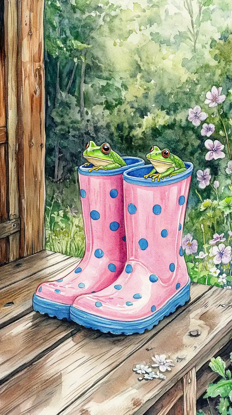 Watercolor boots with frog on wooden terrace outdoors