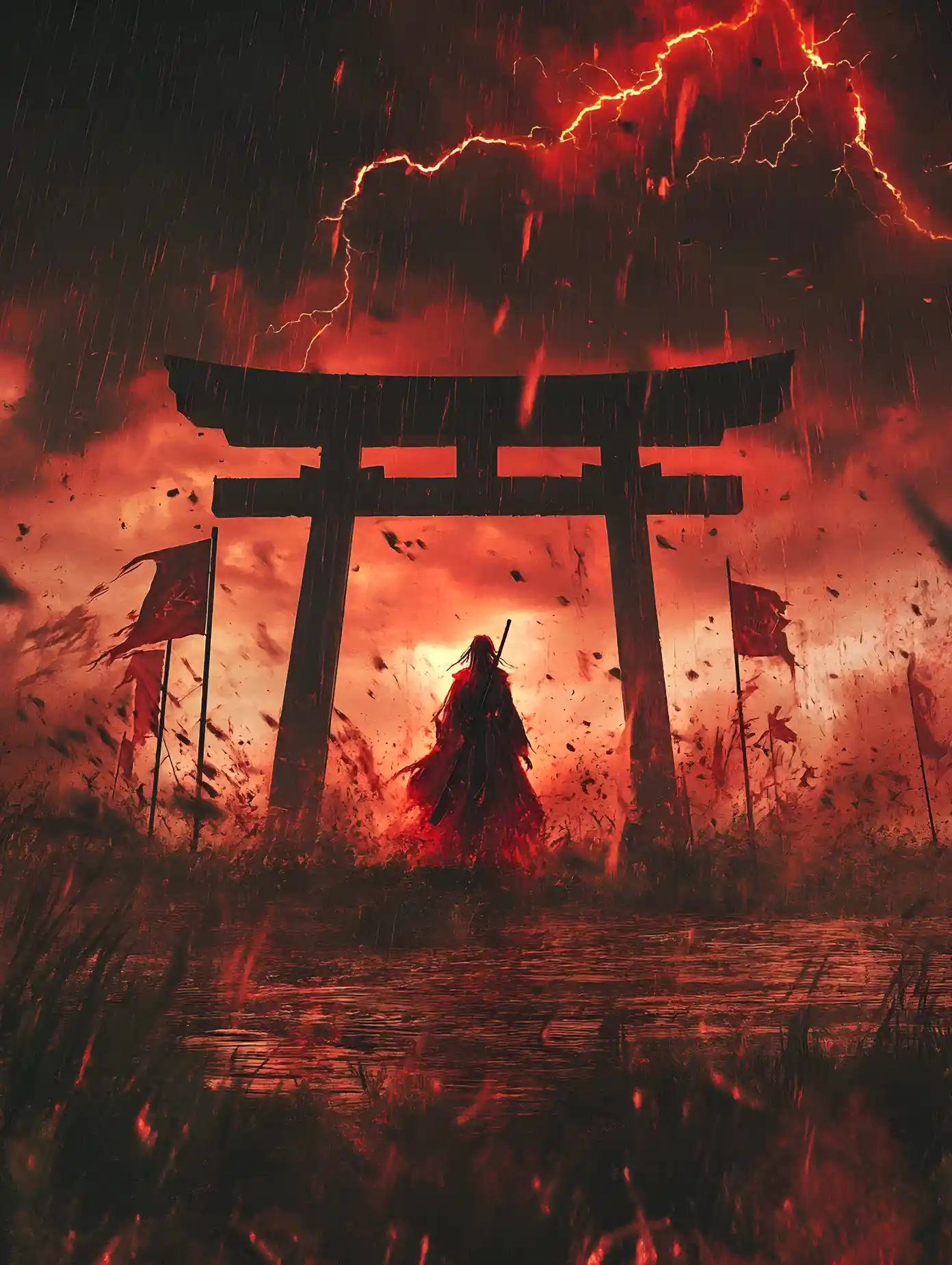 Priestess Warrior On Torii Gate In Crimson Rainstorm