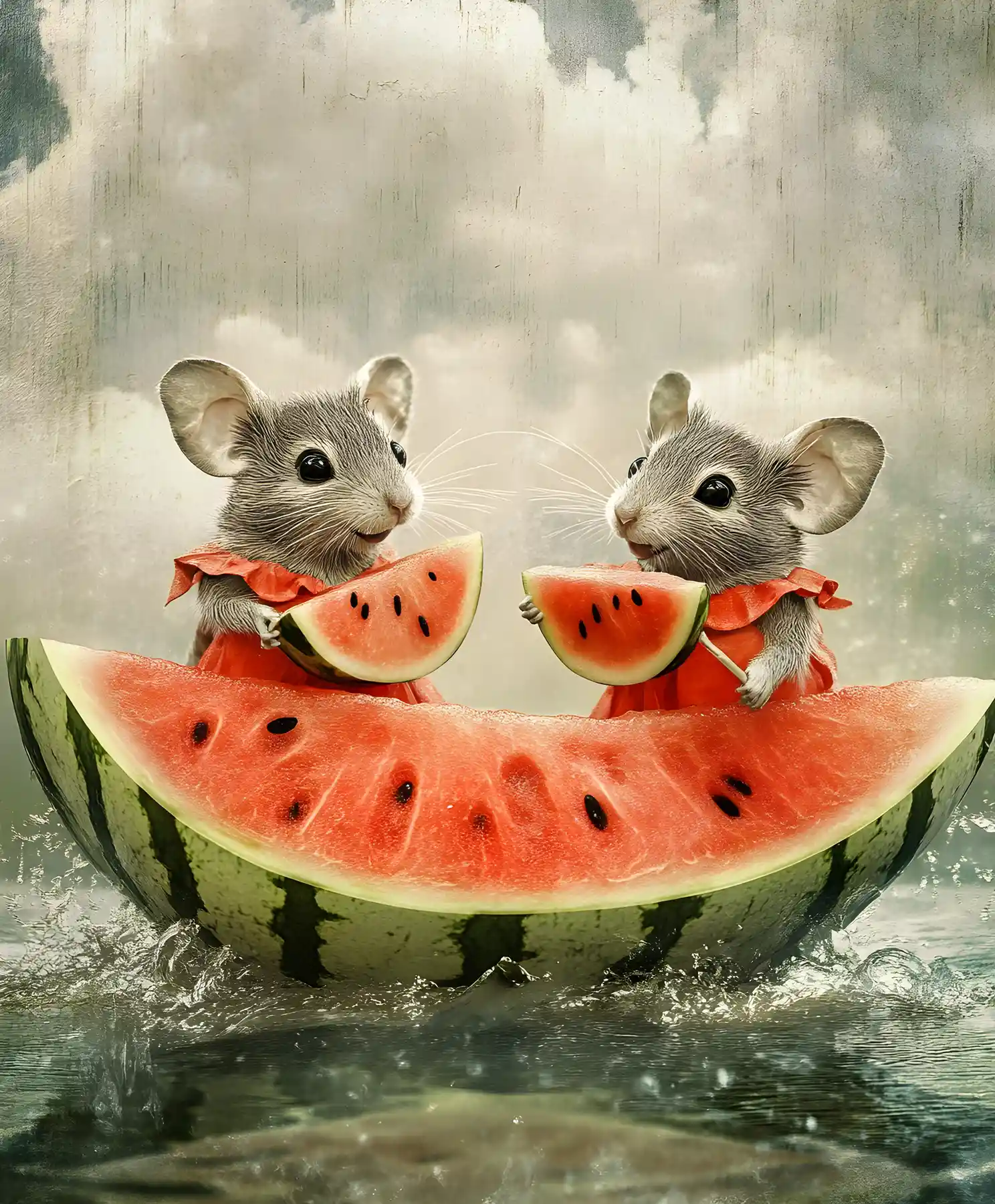 Mice In A Watermelon Boat On A Quiet Mystic Lake
