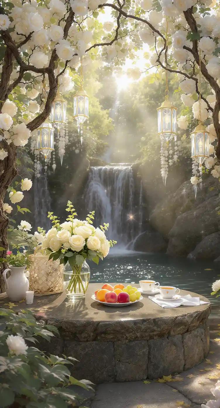 Cozy Morning Tea Table By A Garden Waterfall