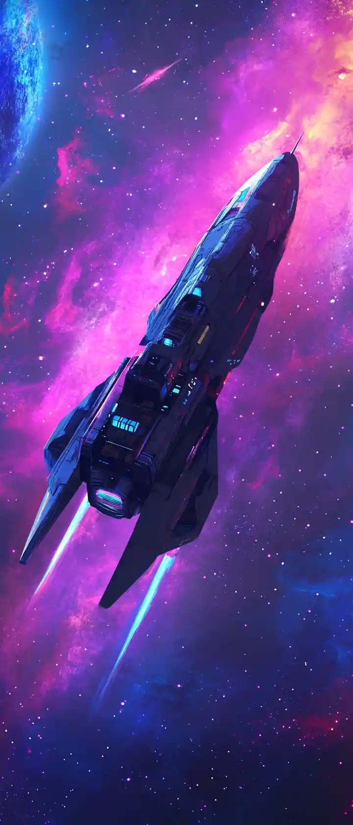 Retro vector spaceship flying through neon cosmic nebula
