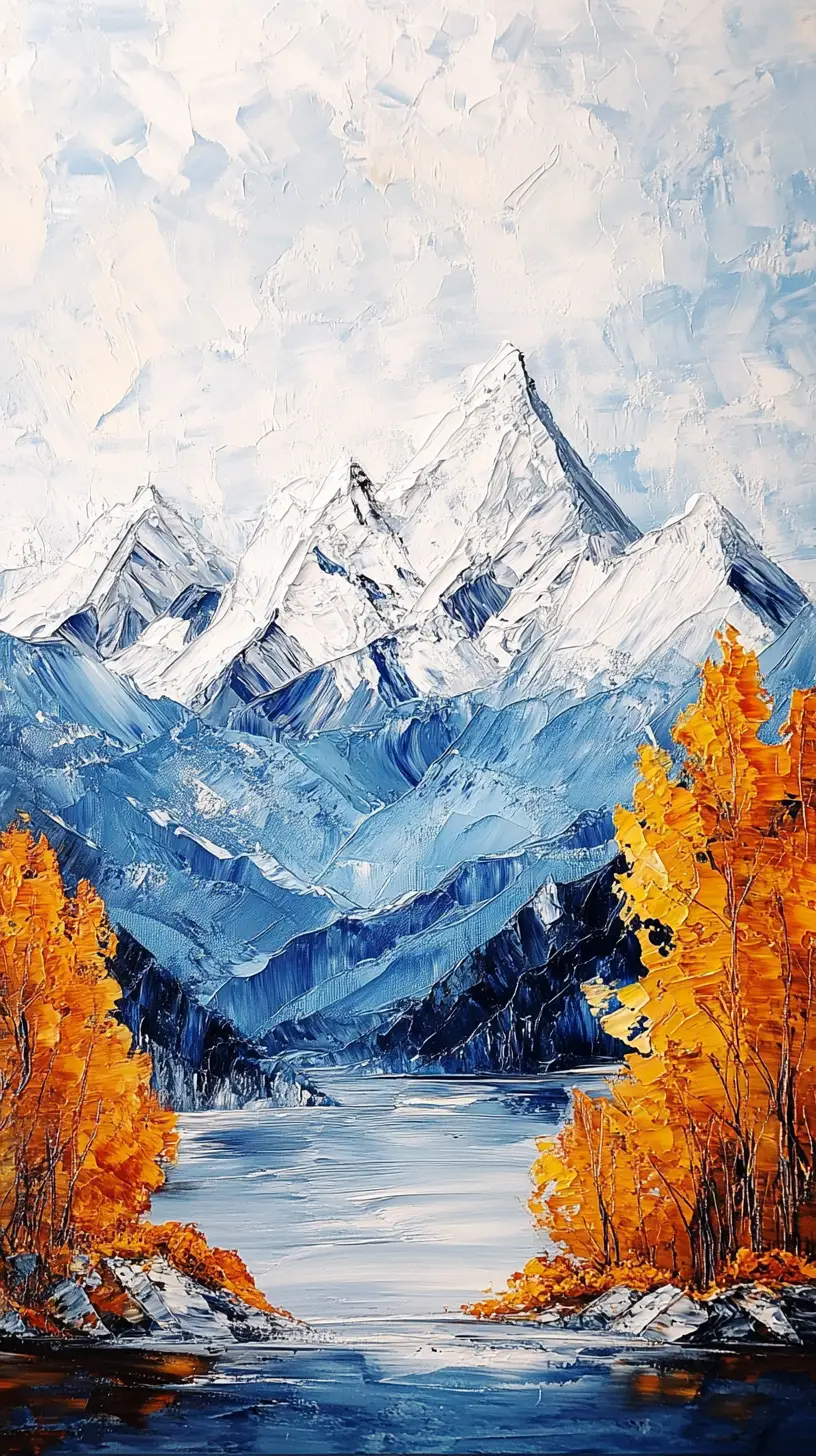 Impasto painting of a majestic mountain landscape in relief