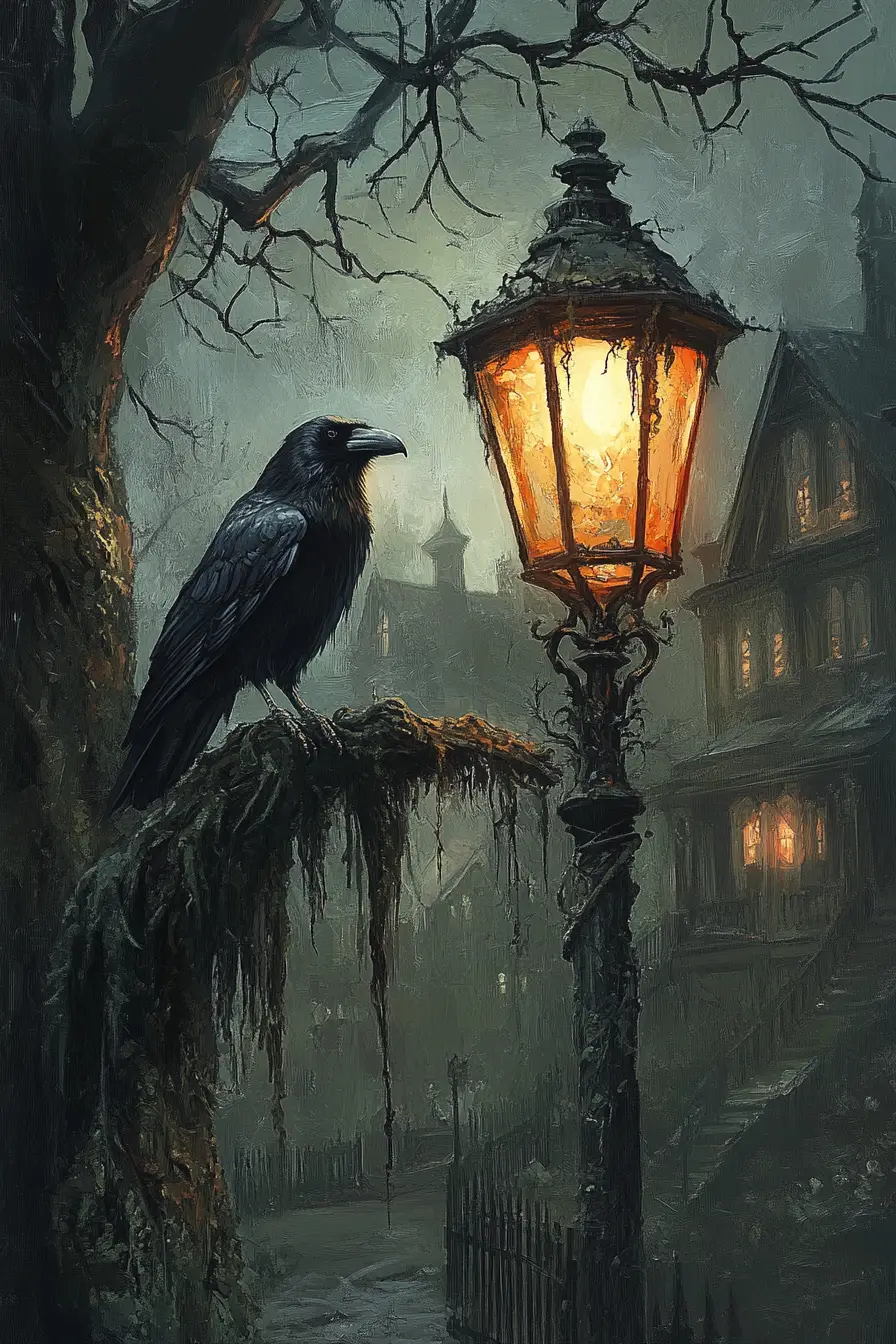Crow Perched By A Glowing Streetlamp At Night