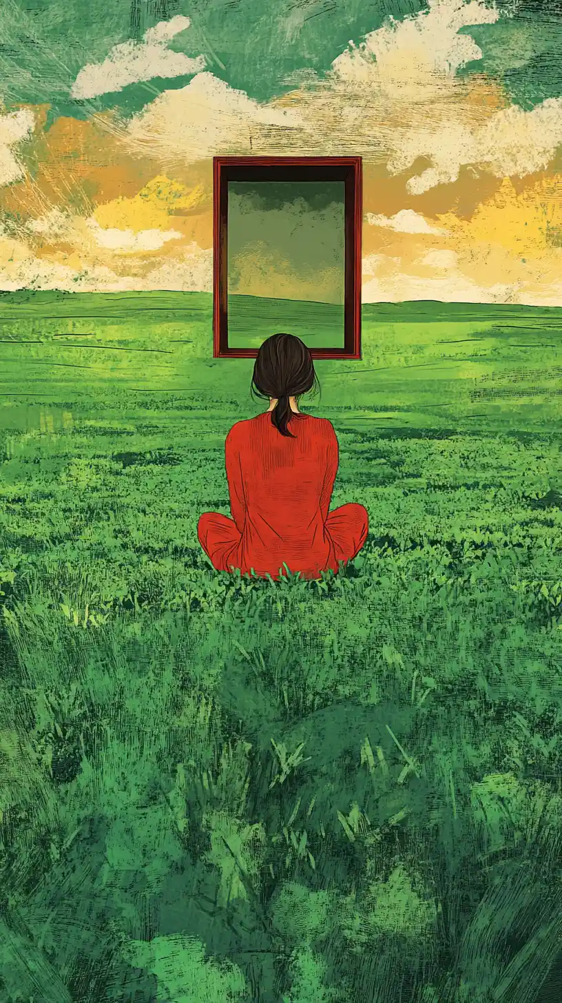 Contemplative woman behind floating window in green field