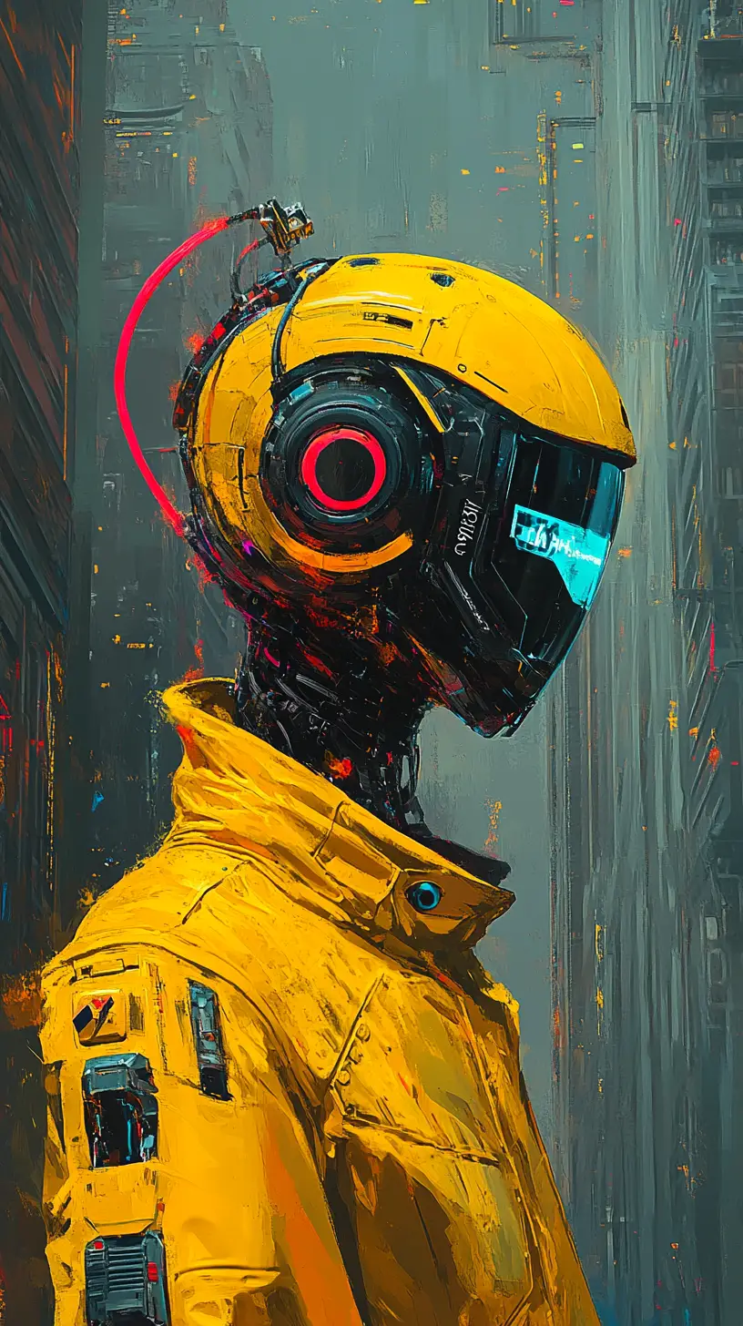 Futuristic yellow robot in neon cyberpunk cityscape