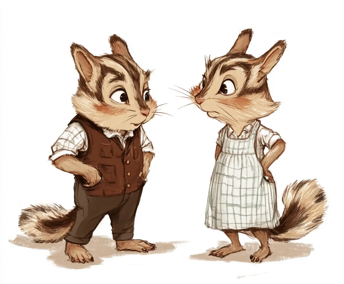 Arguing chipmunk couple in whimsical digital illustration