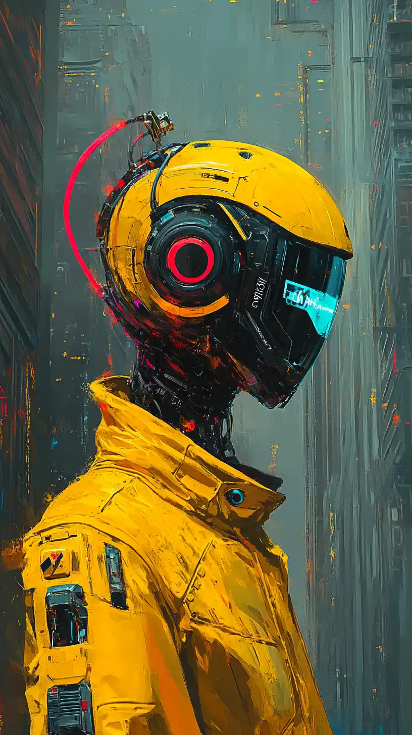 Futuristic yellow robot in neon cyberpunk cityscape