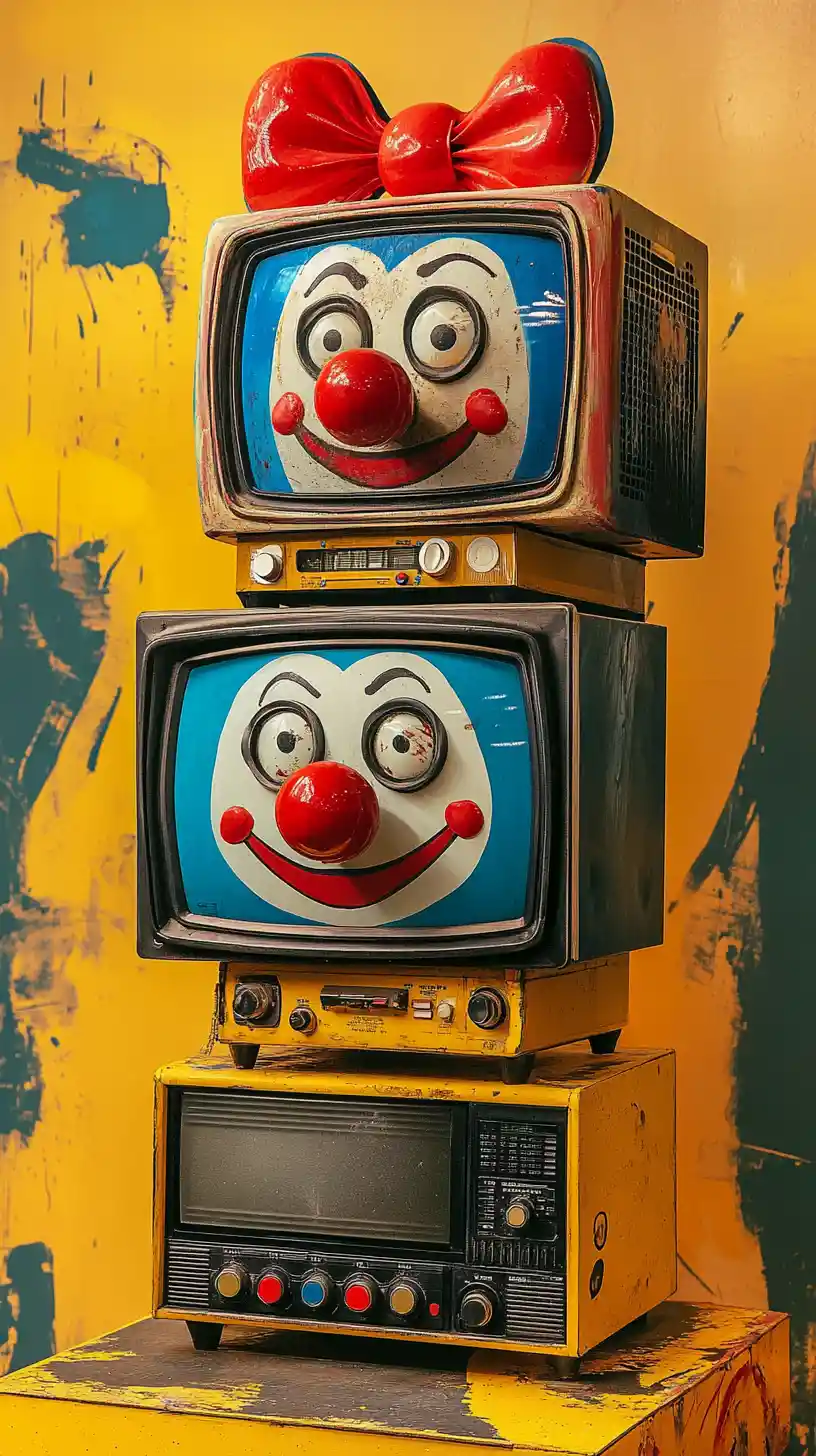 Televisori vintage impilati con volti di clown dipinti