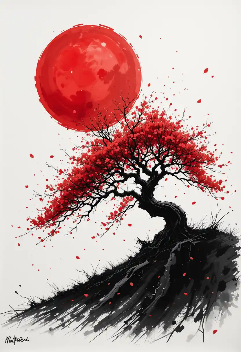 Ink Painting Of Cherry Blossom Tree And Red Sun