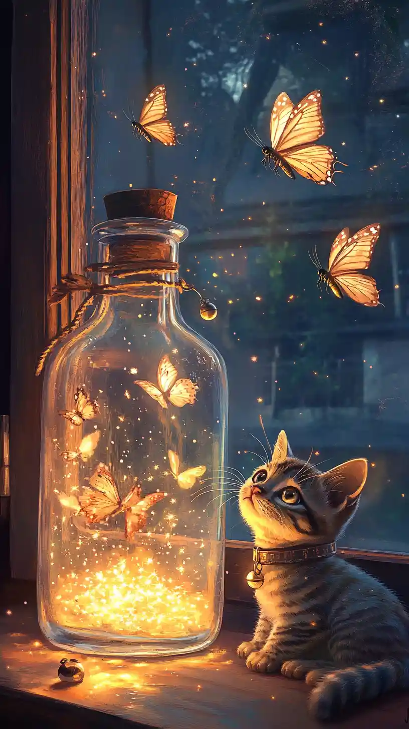 Curious kitten watching glowing bottle of butterflies