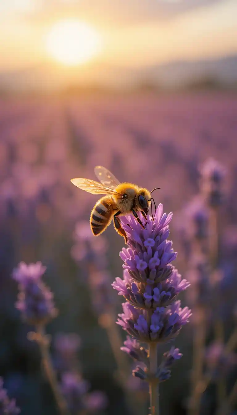 Honey bee on lavender in warm afternoon sunlight