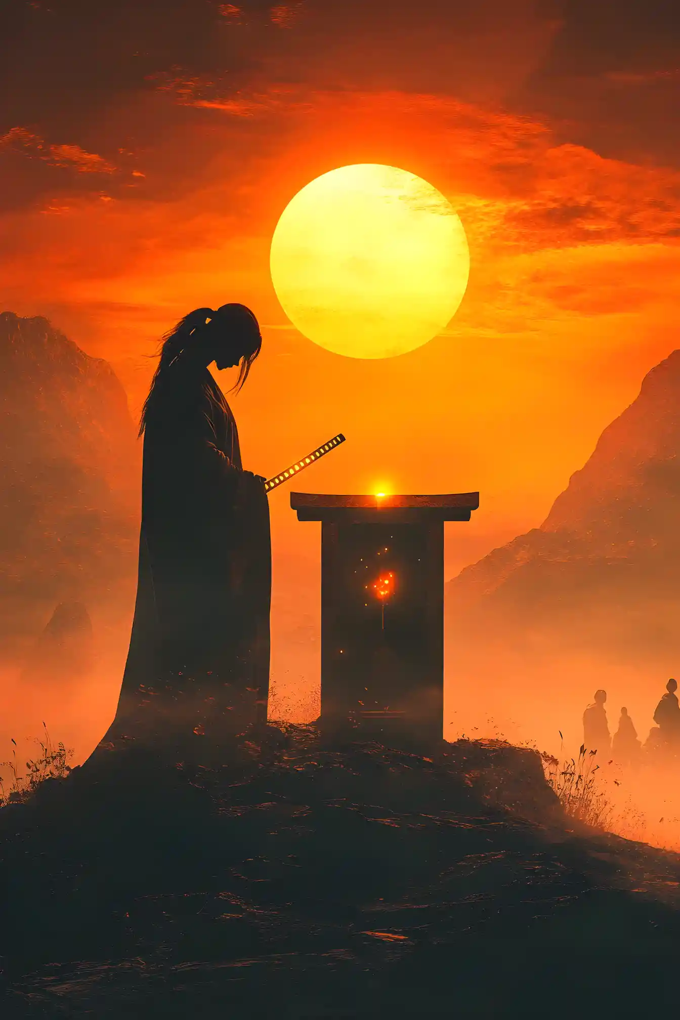 Silhouette de Prêtresse au Sanctuaire au Coucher du Soleil avec Katana Lumineux