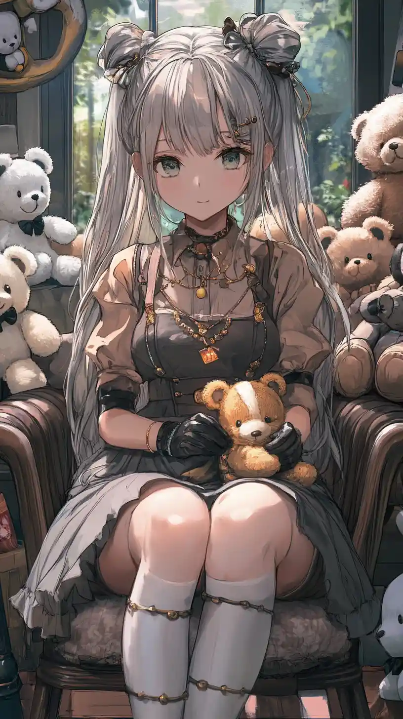 Anime girl with silver hair holding a stuffed kitten