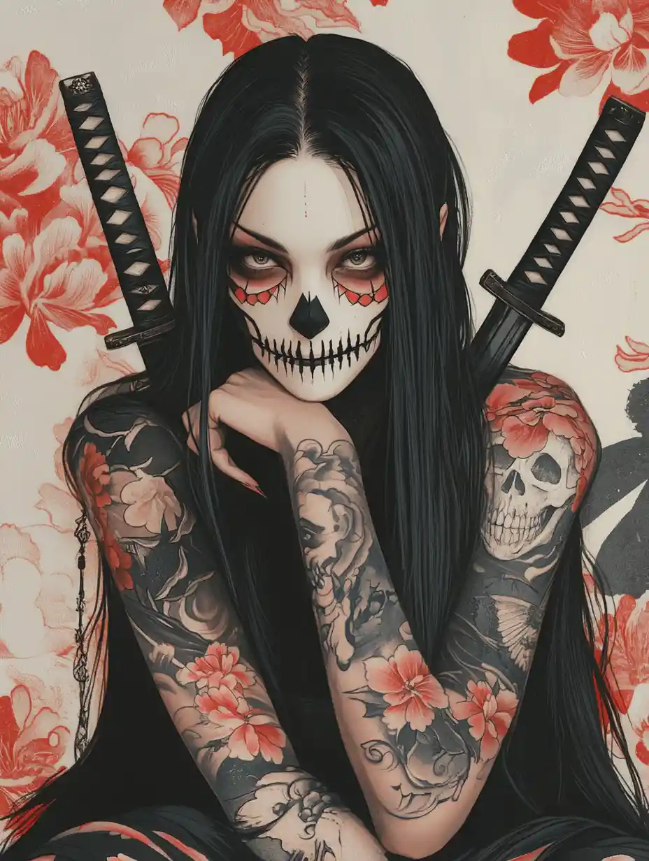 Tattooed woman in skull mask with crossed katanas