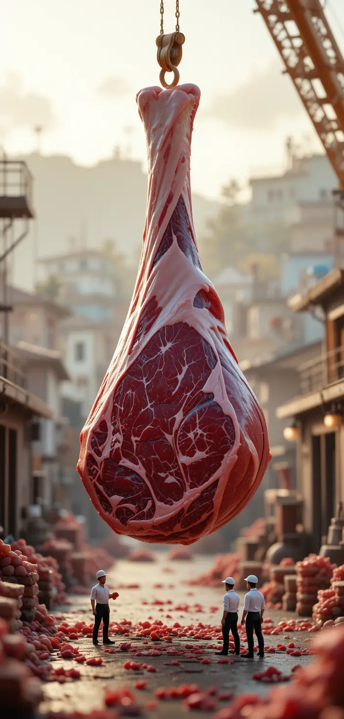 Miniature workers in a tiny world guiding hanging meat