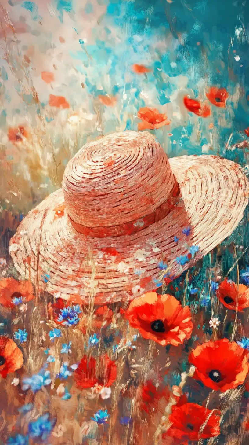 Sunhat With Red Poppies In Warm Sunlit Close Up