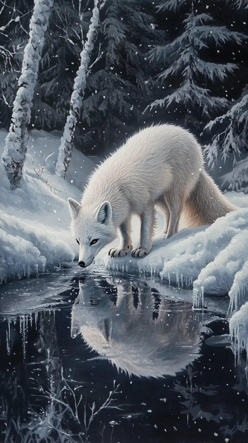 Majestic Polar Fox Drinking From A Winter Forest Stream