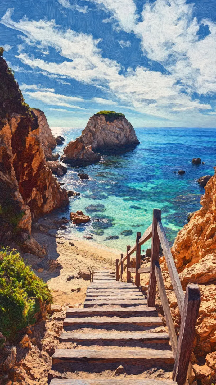 Rocky coastal beach with cliffs and wooden staircase