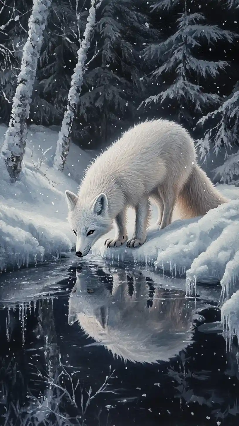 Majestic Polar Fox Drinking From A Winter Forest Stream