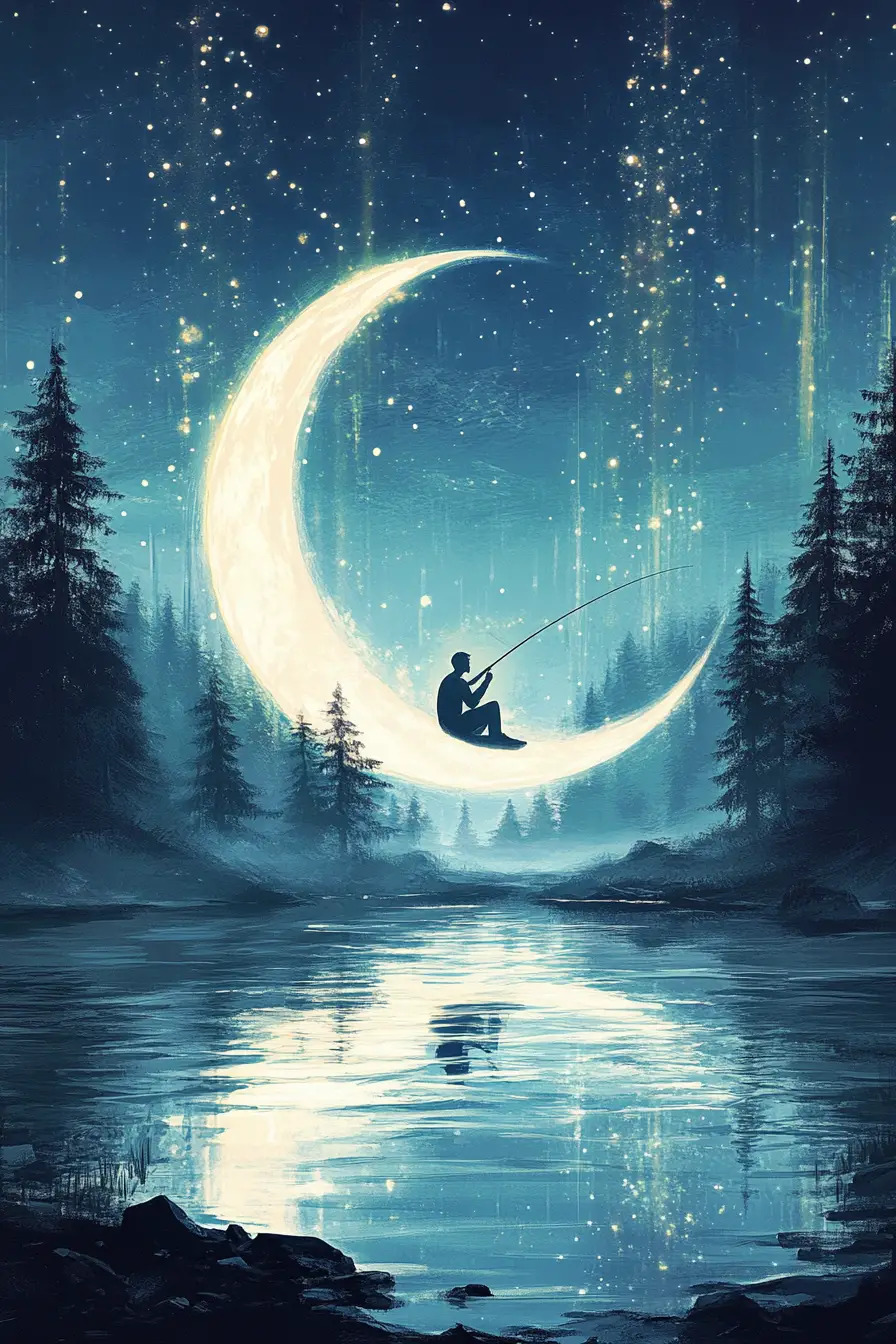 Man Fishing From A Crescent Moon Above A Misty Lake