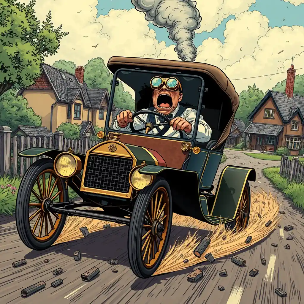 Vintage car racing down a country village road