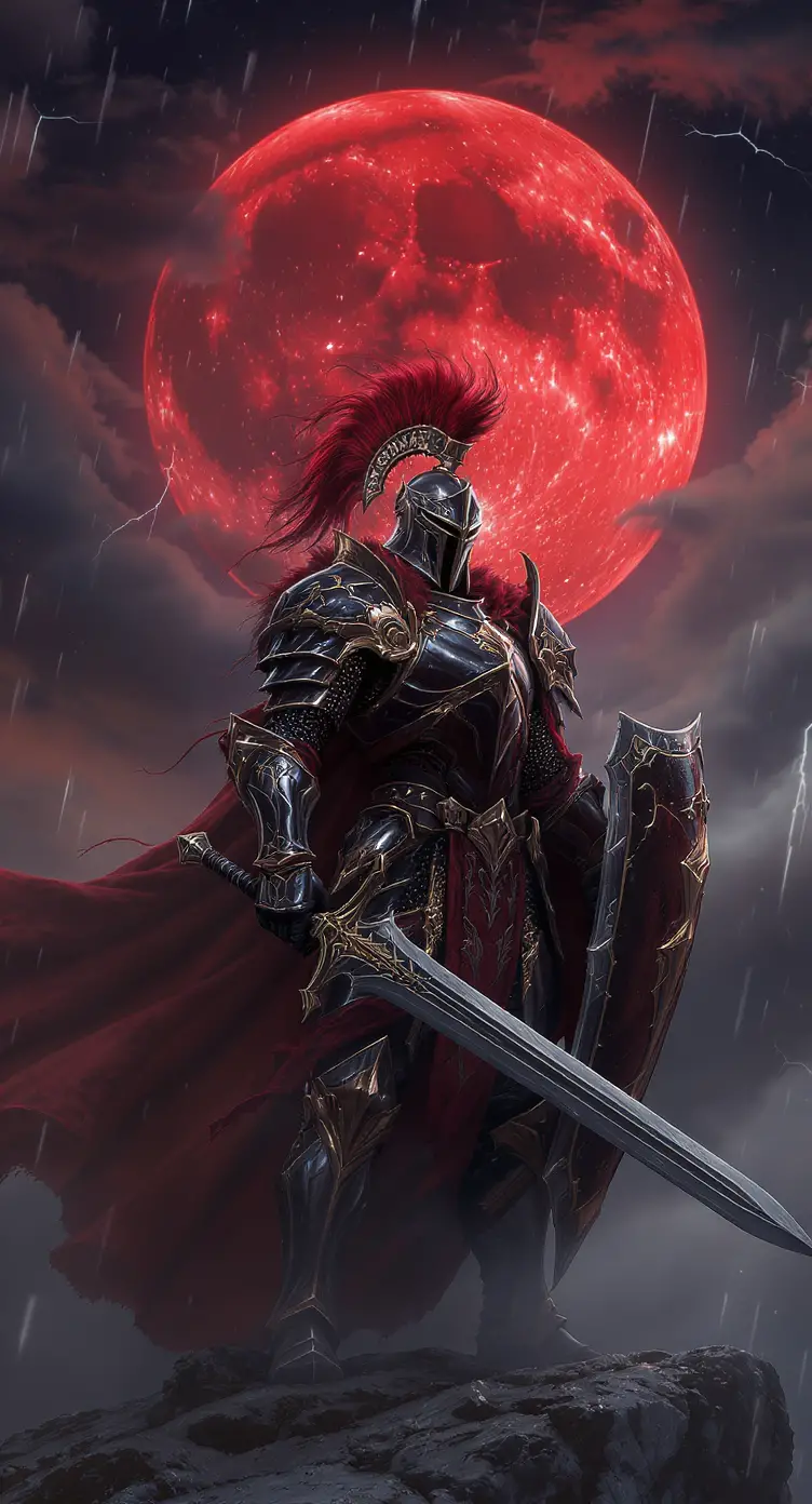 Cavaliere dark fantasy sotto un cielo tempestoso illuminato dalla luna