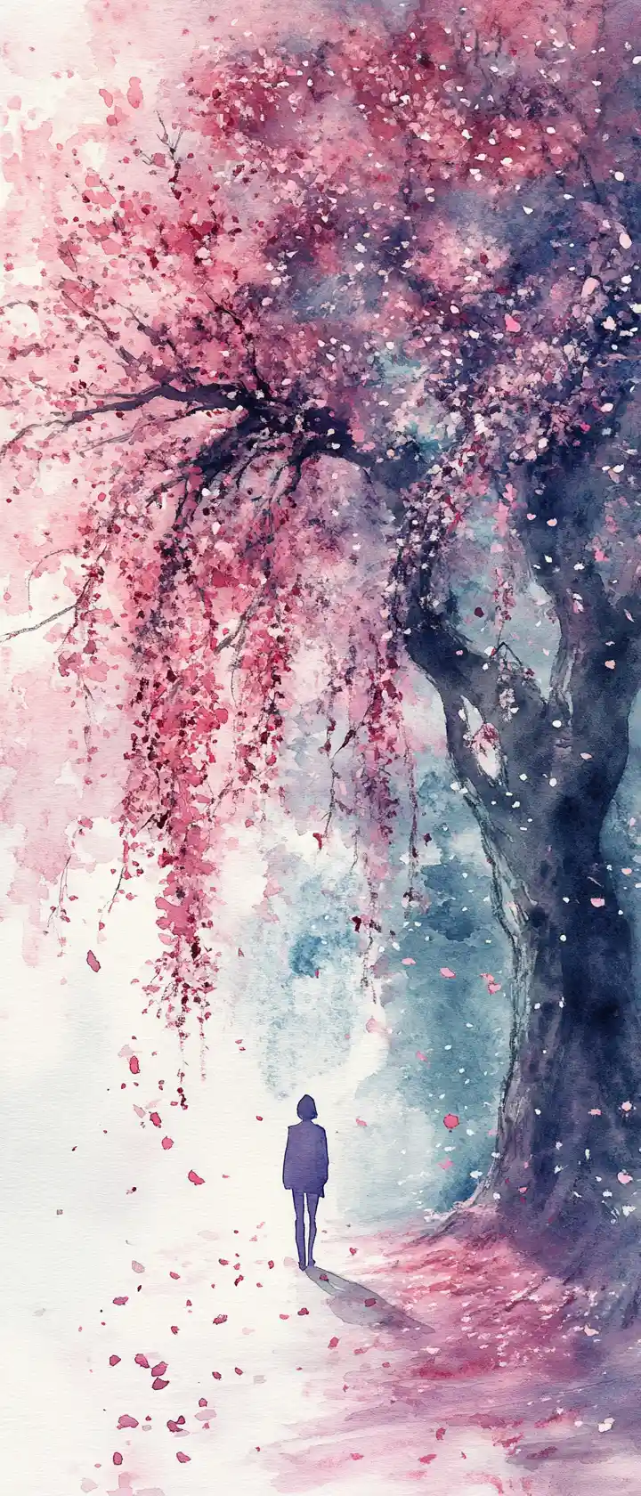 Melancholic figure under a weeping cherry blossom tree