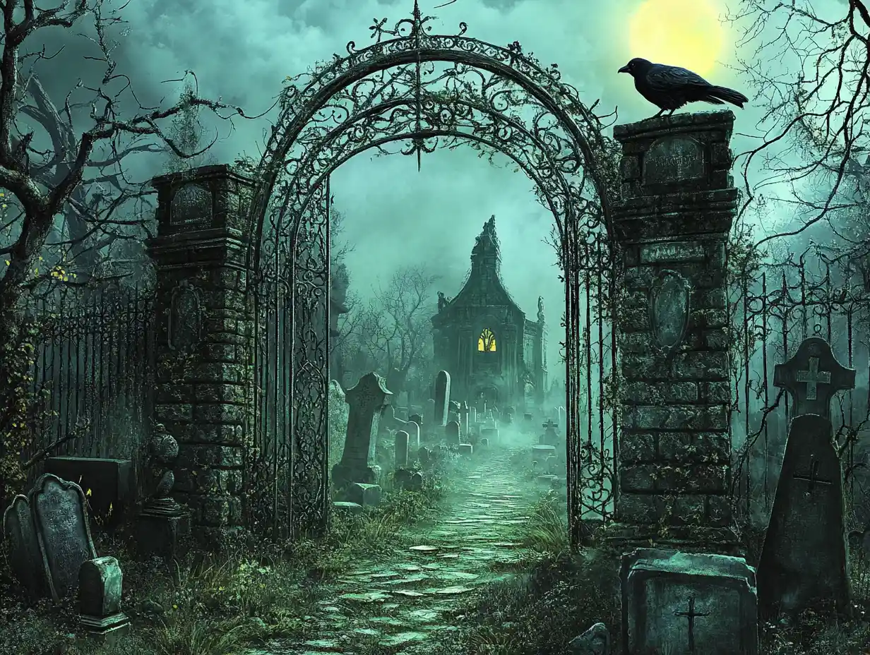 Gothic Cemetery Gate With Black Cat Under Moonlight