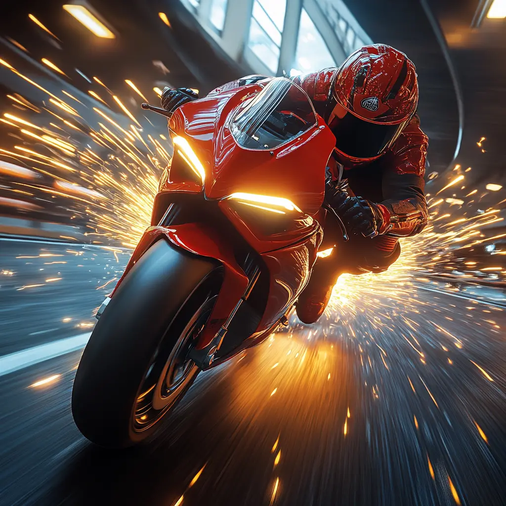 Red sport motorcycle racing under an elevated highway