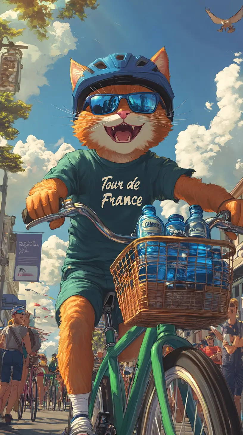 Cheerful red haired cycling cat on green bicycle