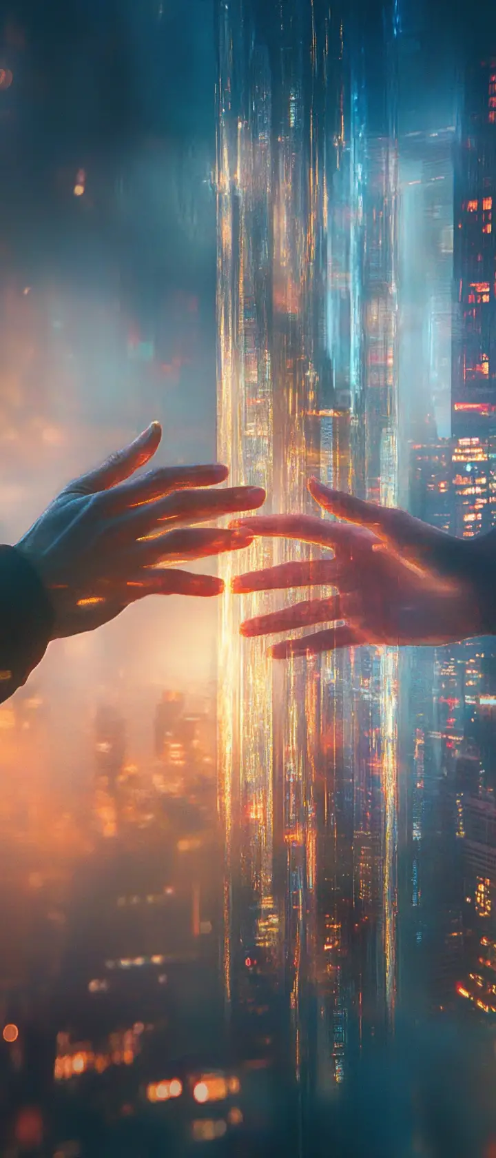 Two hands reaching across a shimmering invisible barrier