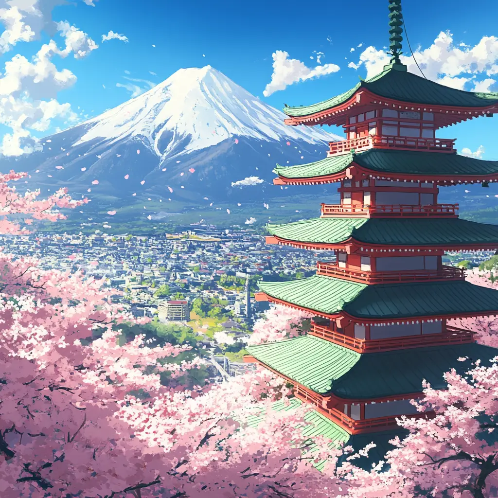 Anime view of Mount Fuji with red pagoda and blossoms