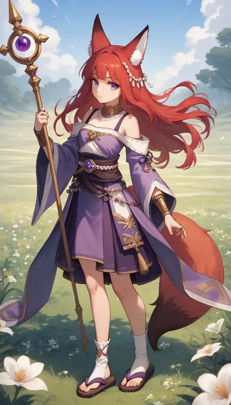 Anime fox girl dancing with staff in flower field