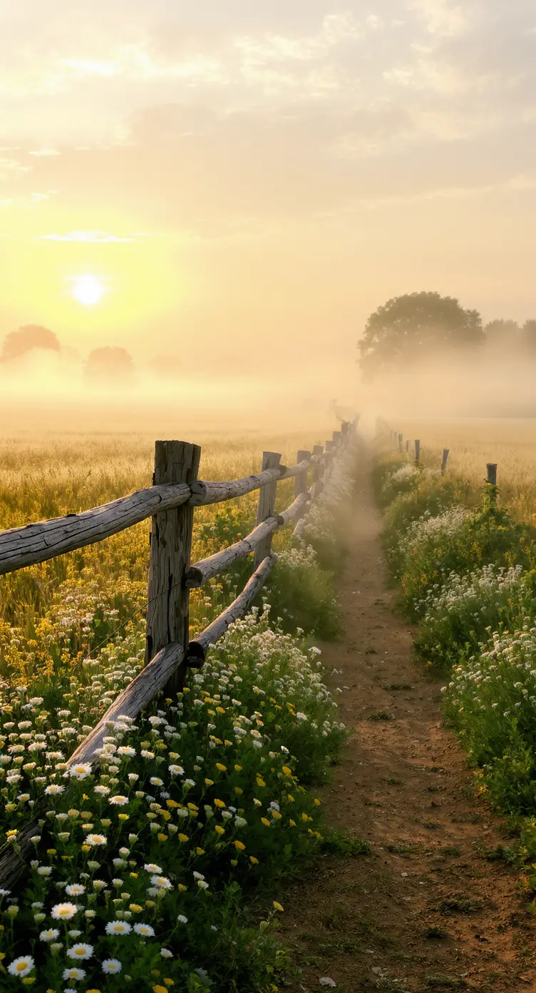 Old Fence Along Path In Sunny Chamomile Flower Field