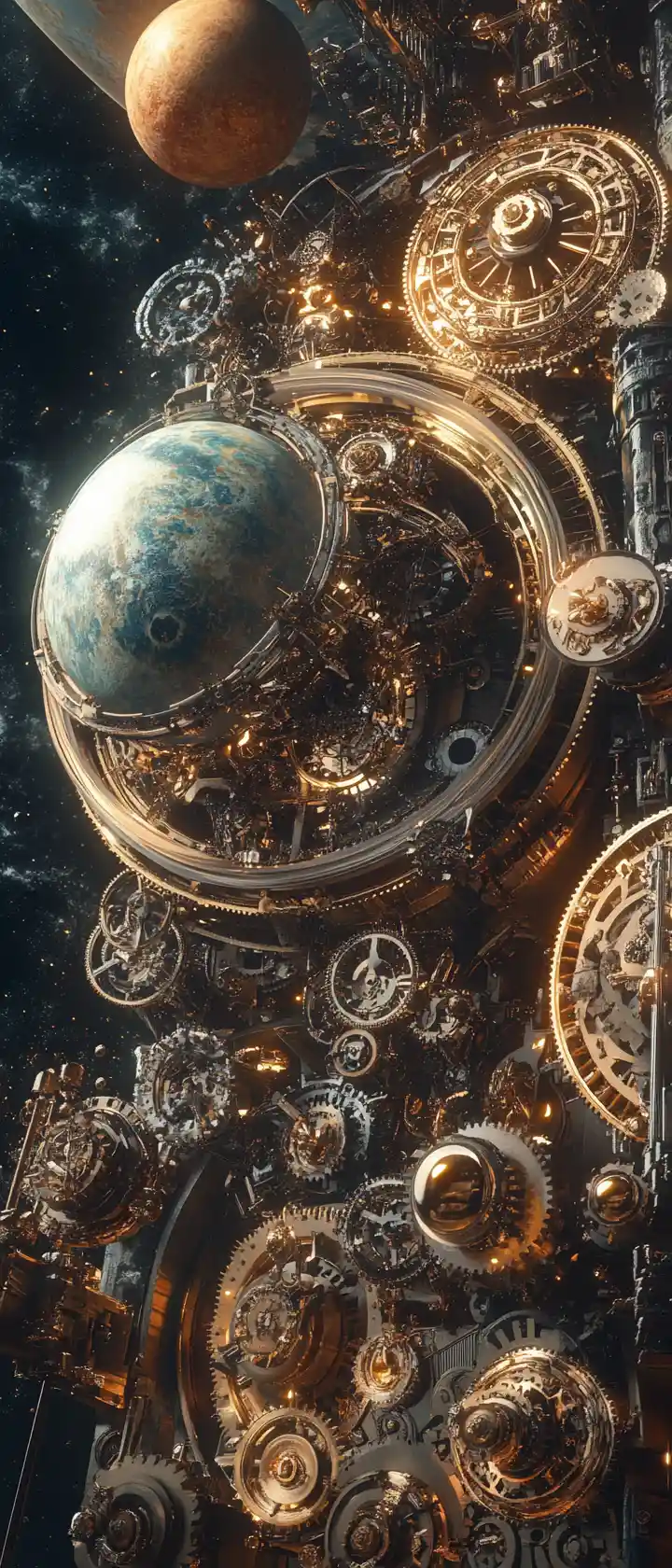 Colossal clockwork engine powering a miniature solar system