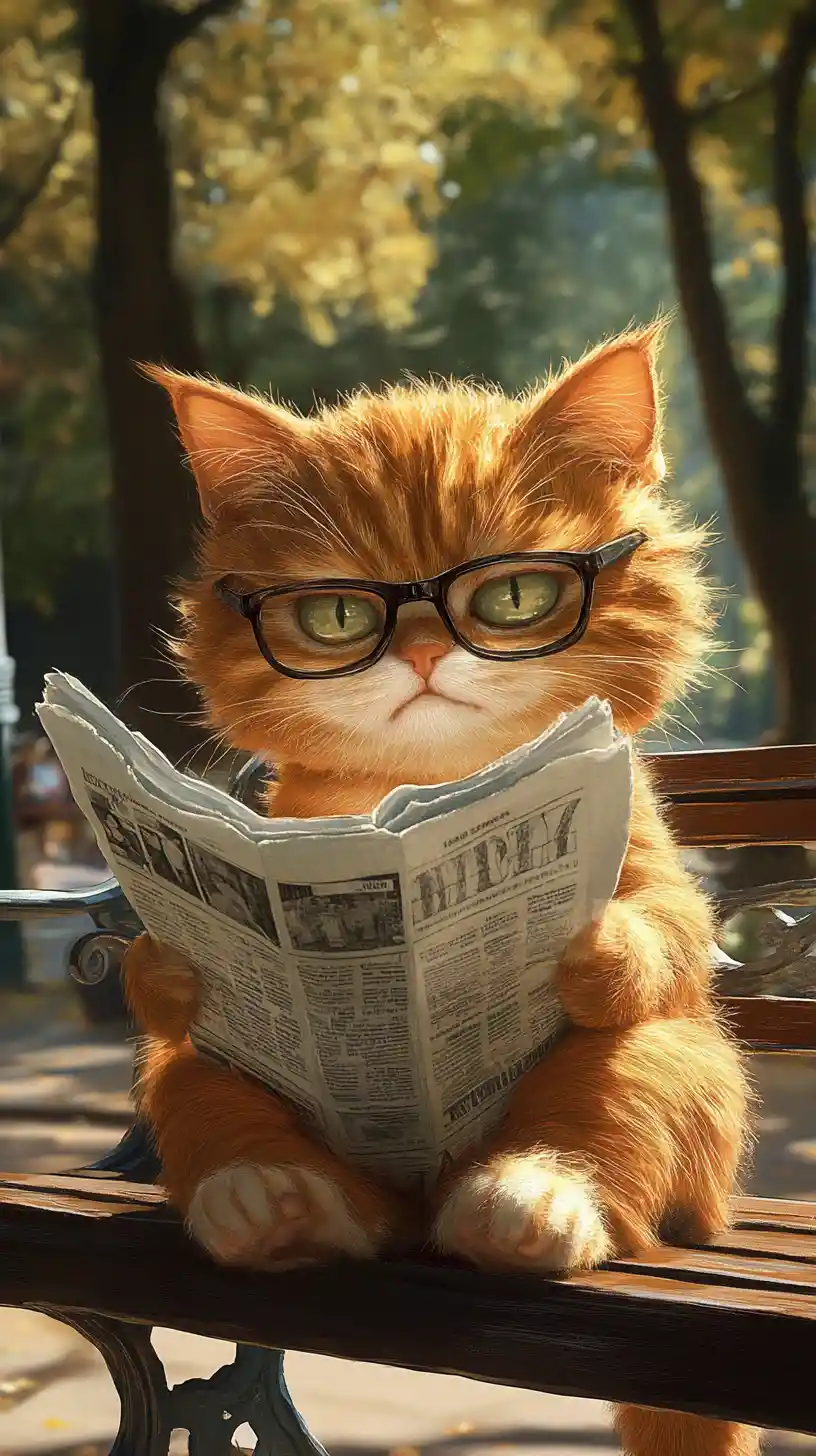 Angry orange kitten reading newspaper on park bench