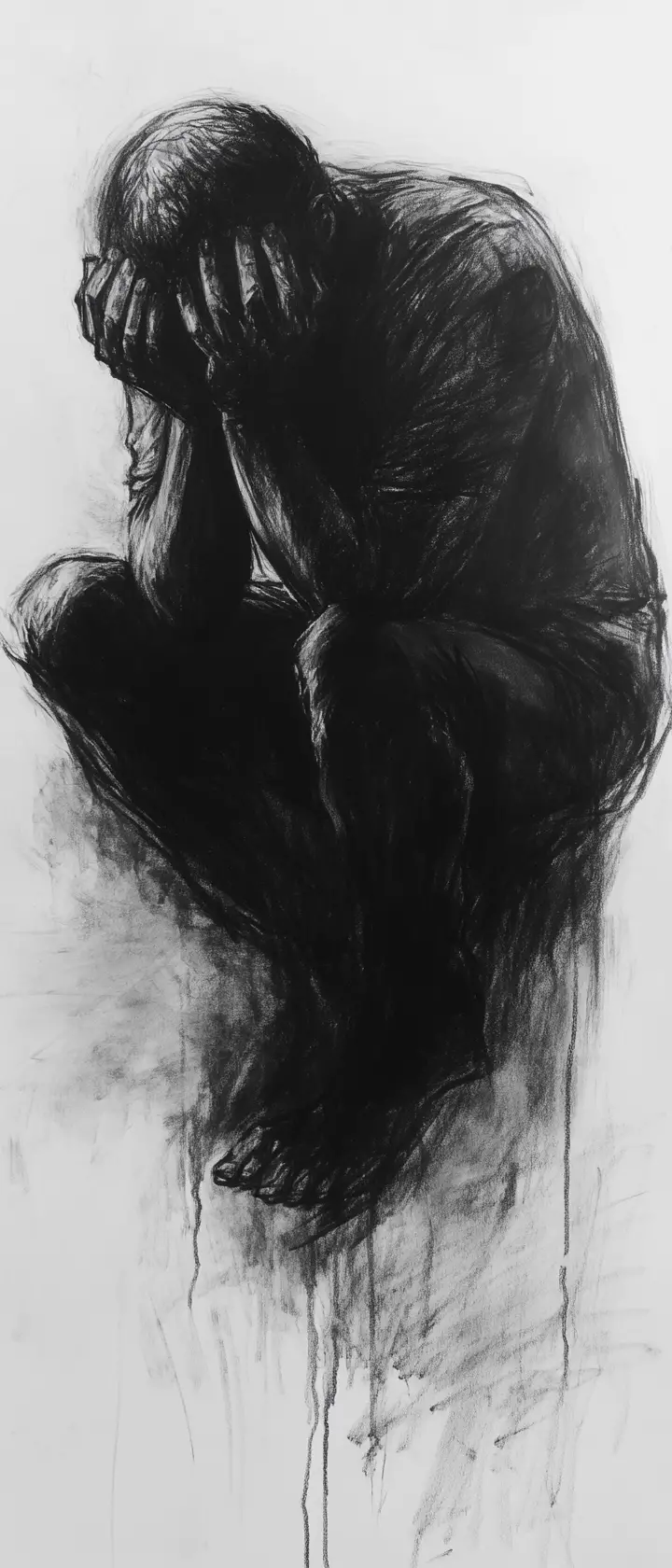 Charcoal portrait gazing into a troubled reflection