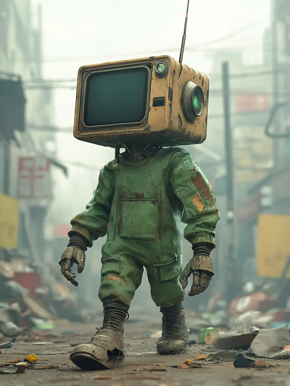 Robot With Television Head Walking Through Dystopian City Street