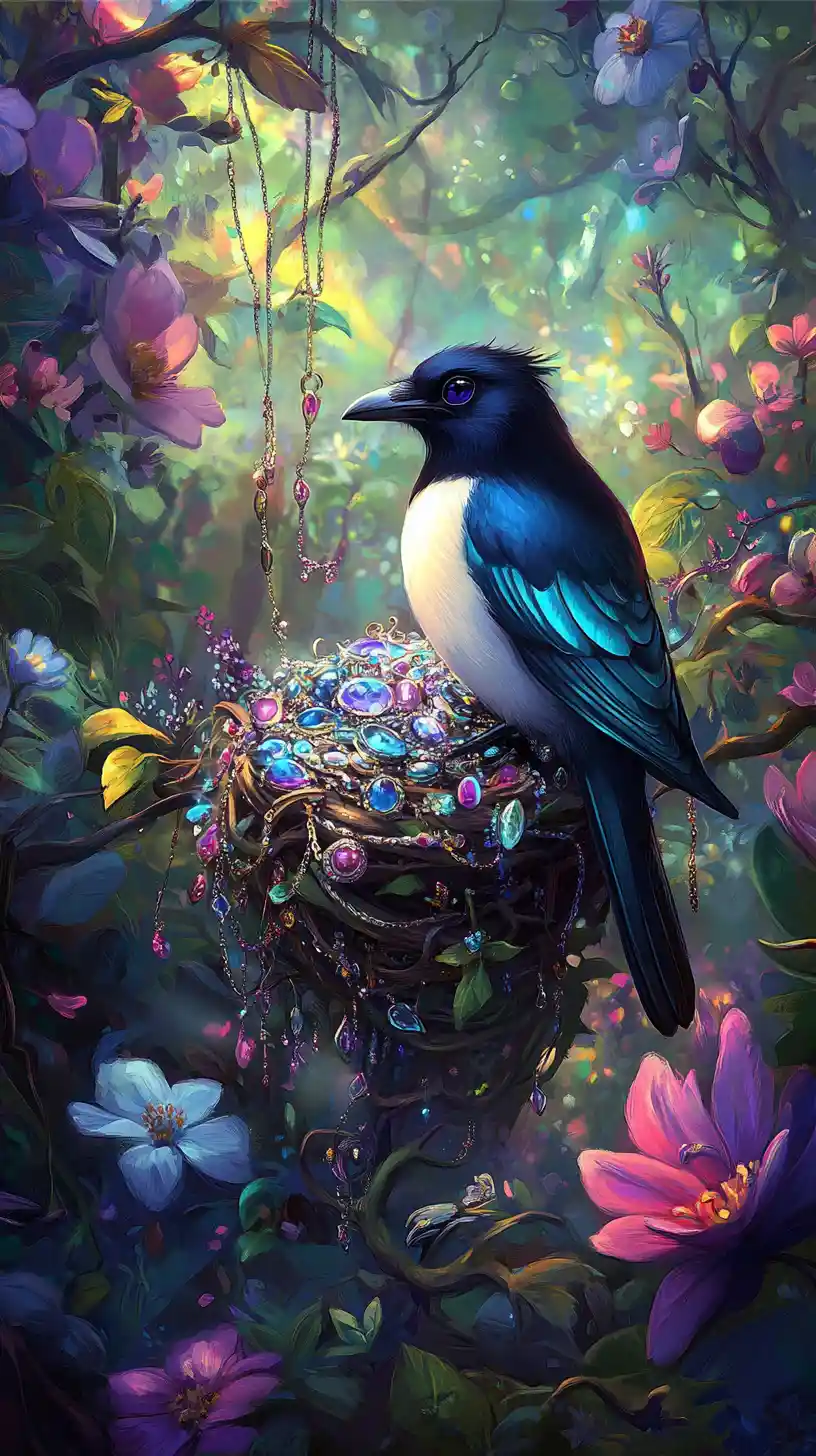 Magpie Guarding A Nest Of Shiny Jewels In Enchanted Forest