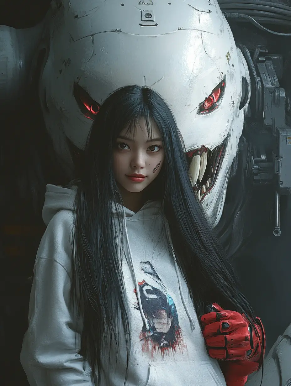 Donna asiatica con felpa e bestia robotica futuristica