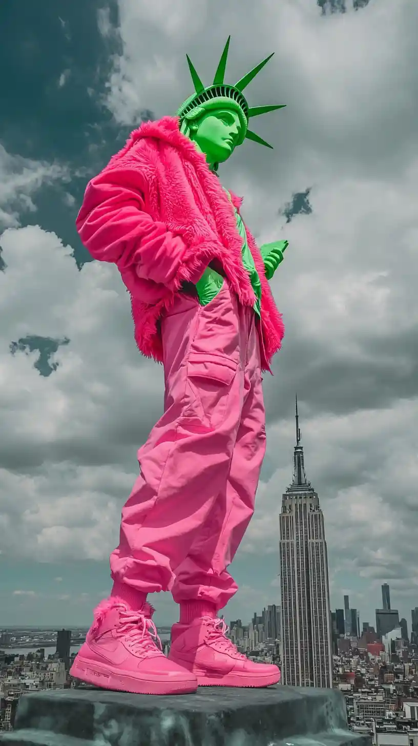 Surreal fashion woman near Statue of Liberty in cityscape