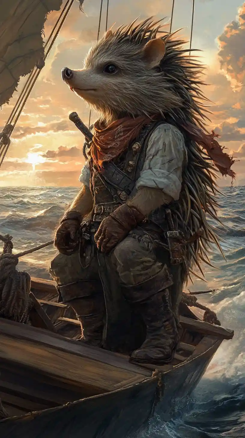 Hedgehog pirate at the bow of a sailboat at sunset