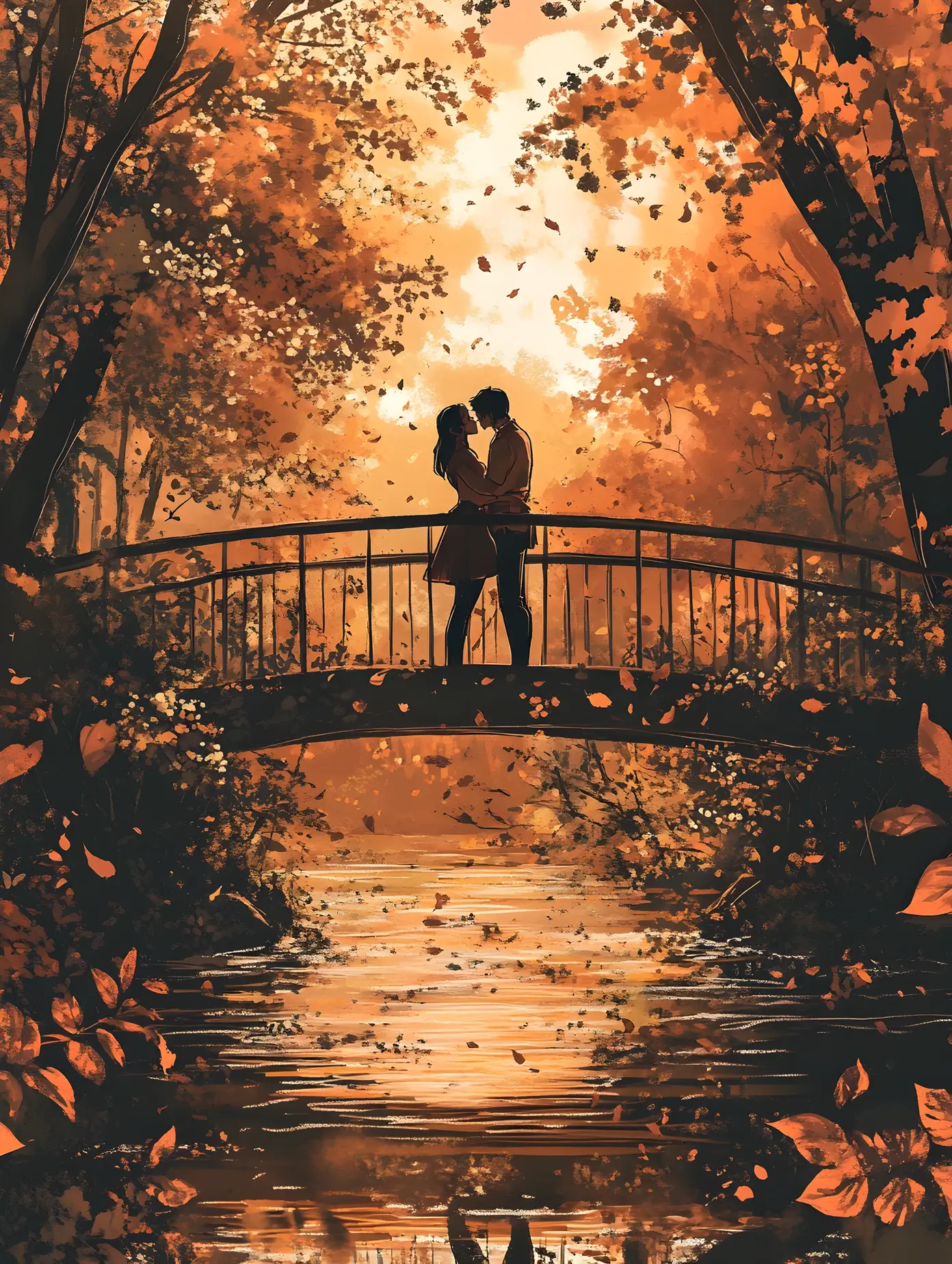 Lovers Embracing Beneath A Wooden Bridge In Autumn