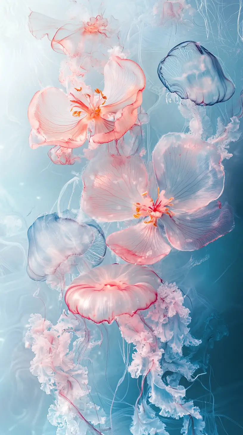 Dreamy pastel wallpaper with flowers and jellyfish