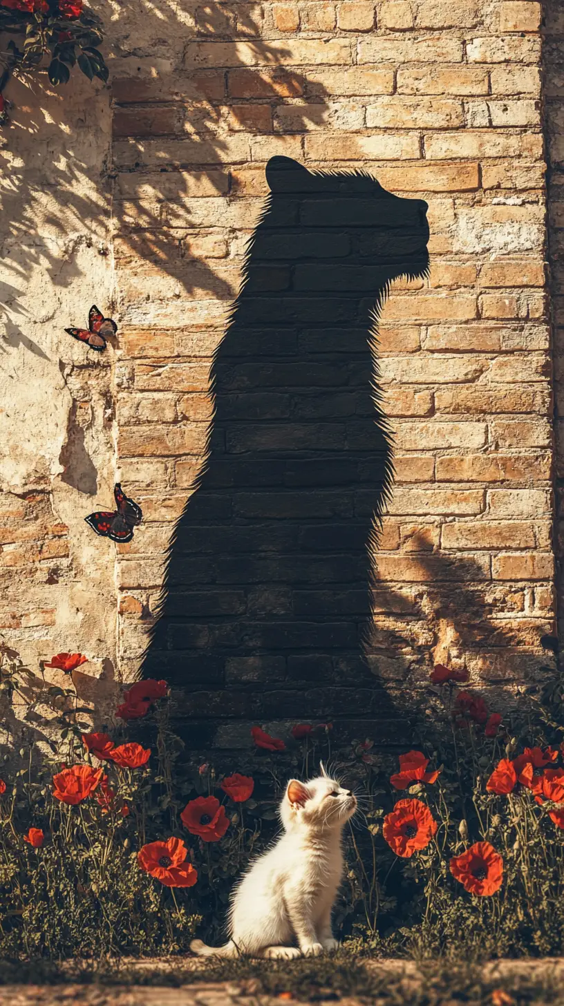 White kitten before lion shadow on sunlit brick wall