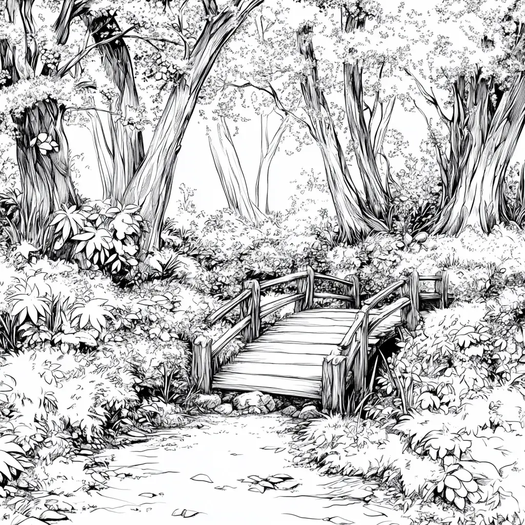 Peaceful forest bridge over a winding woodland stream