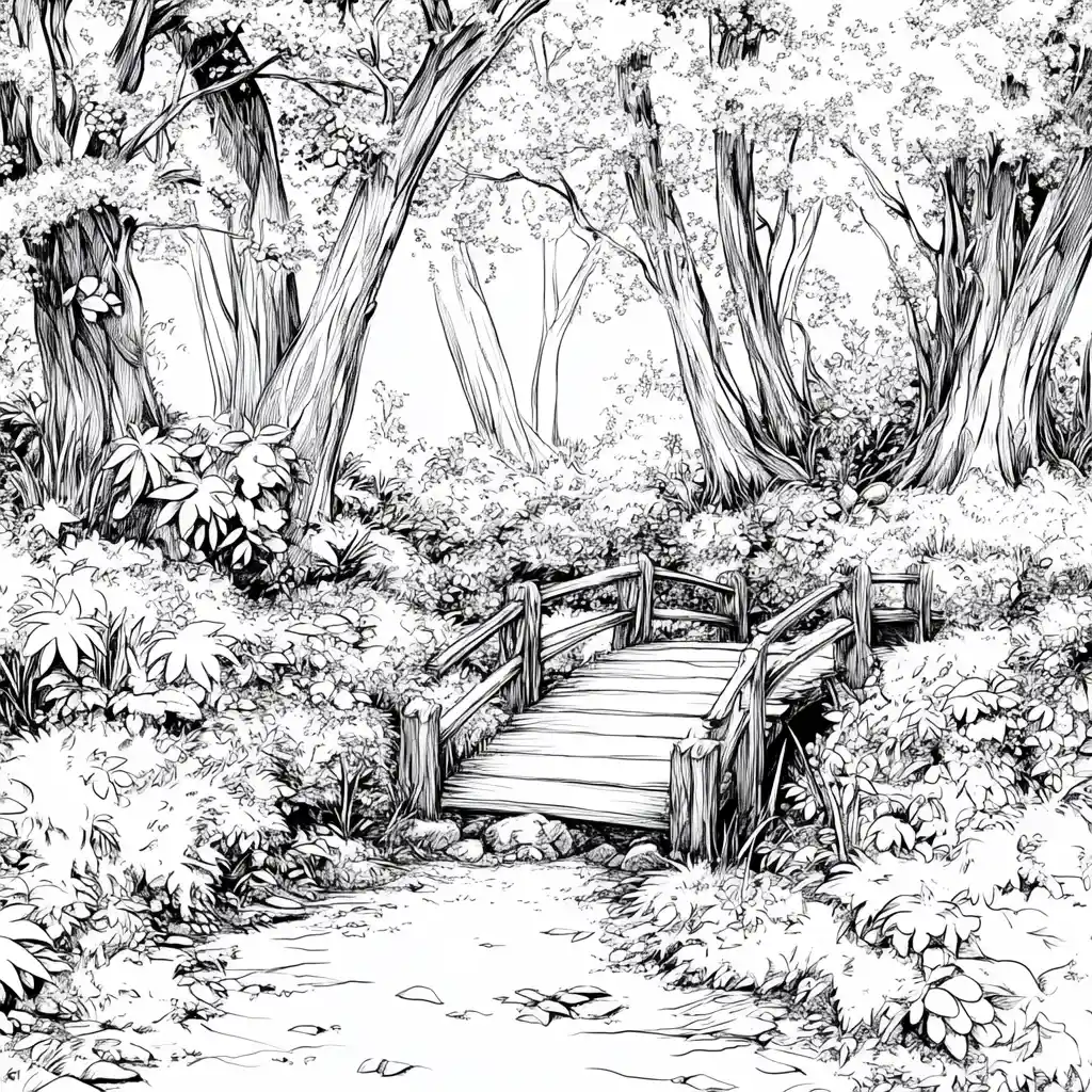 Peaceful forest bridge over a winding woodland stream