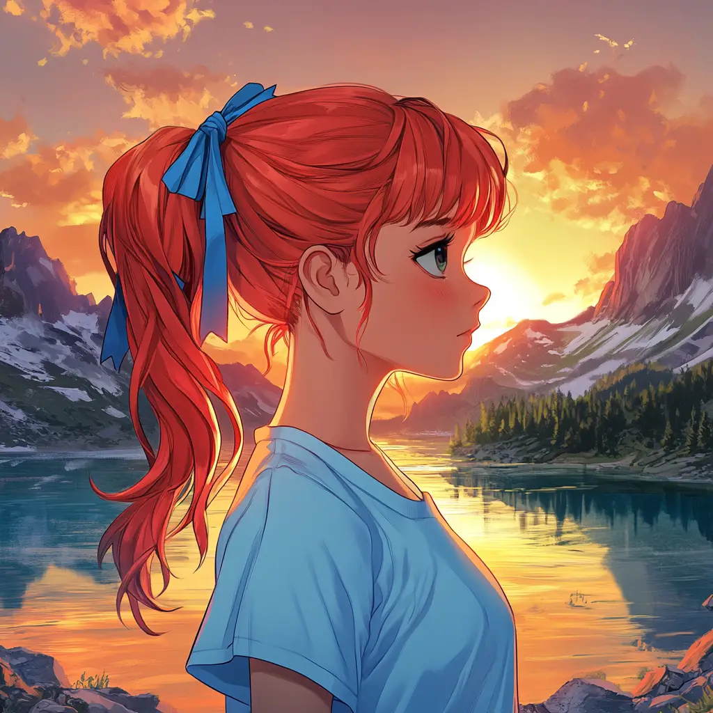 Anime girl by a mountain lake at sunset