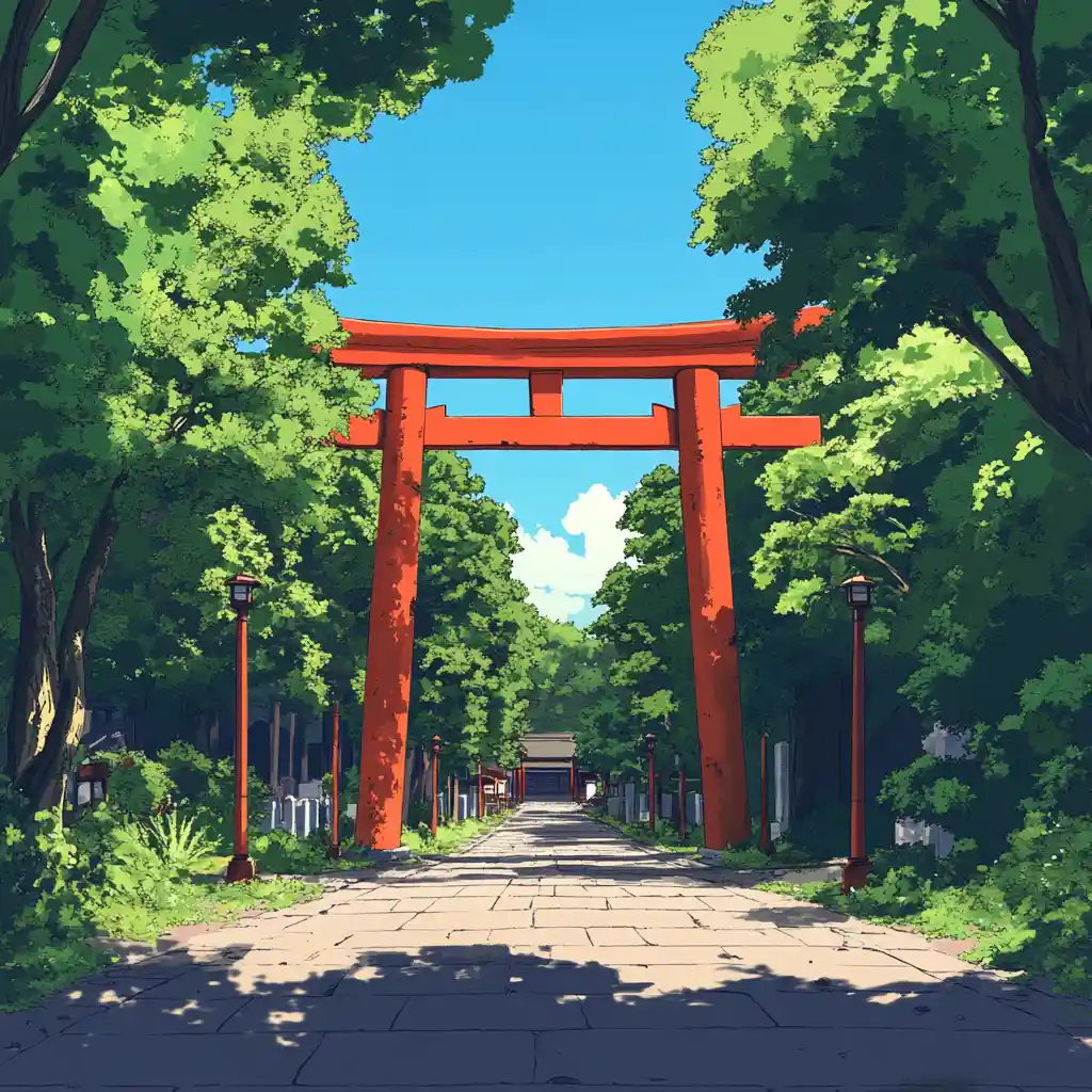 Santuario anime con porta torii rossa e rigogliosi alberi verdi